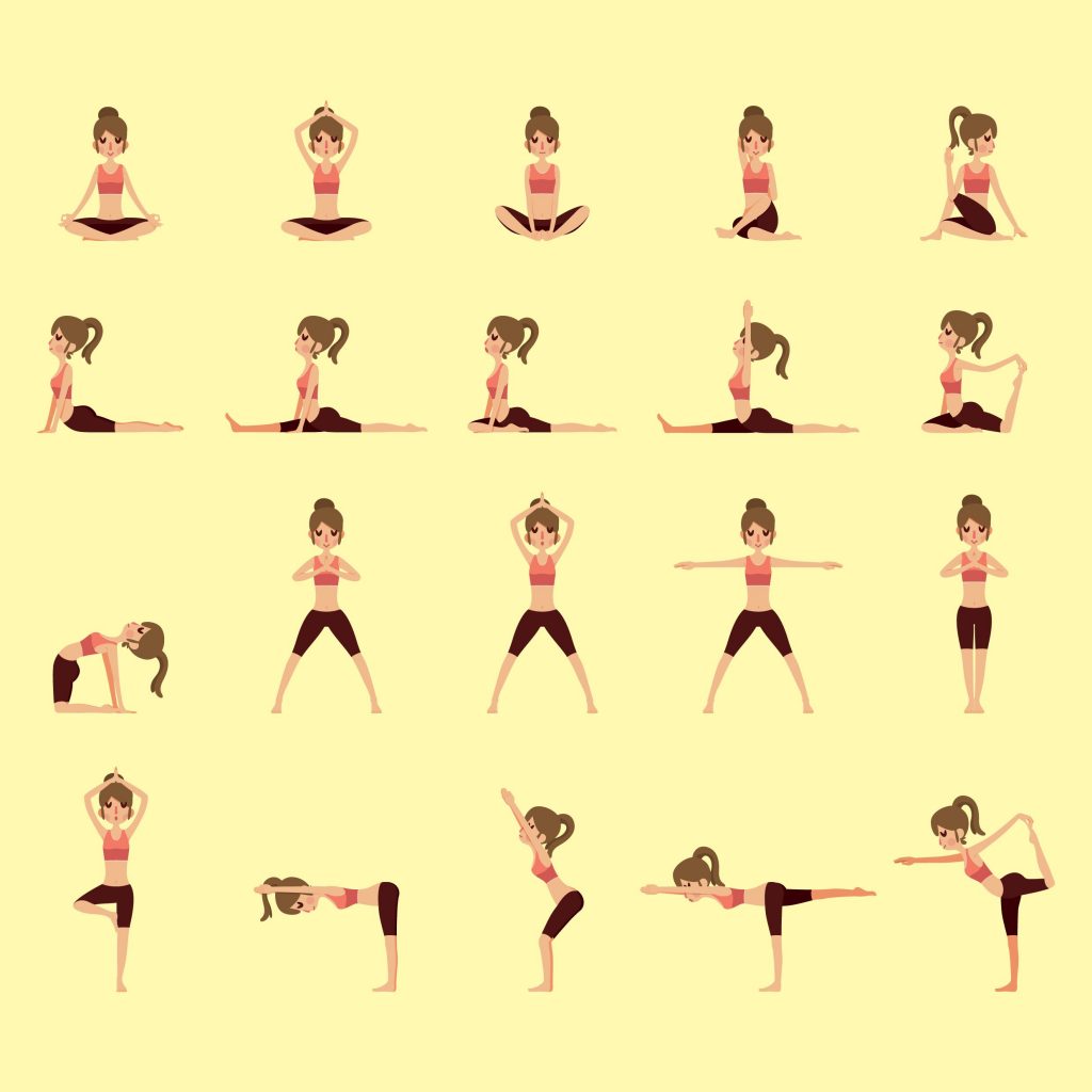 An illustration of a woman doing multiple yoga poses. These poses have proven to help HIV patients.