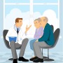A graphic illustration of a doctor discussing HIV treatments with two elderly patients.